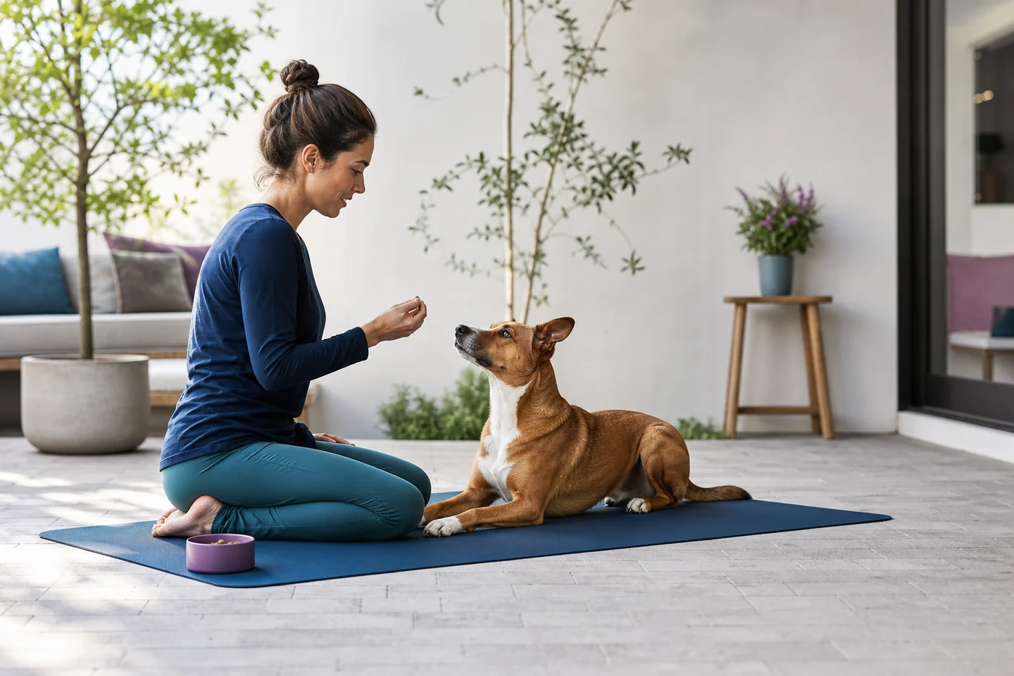 Propietaria practicando educación canina con su perro
